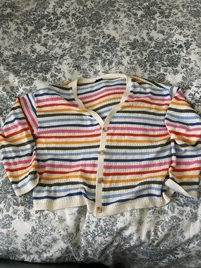 Talbots Cream Cardigan with Multicolor Stripes